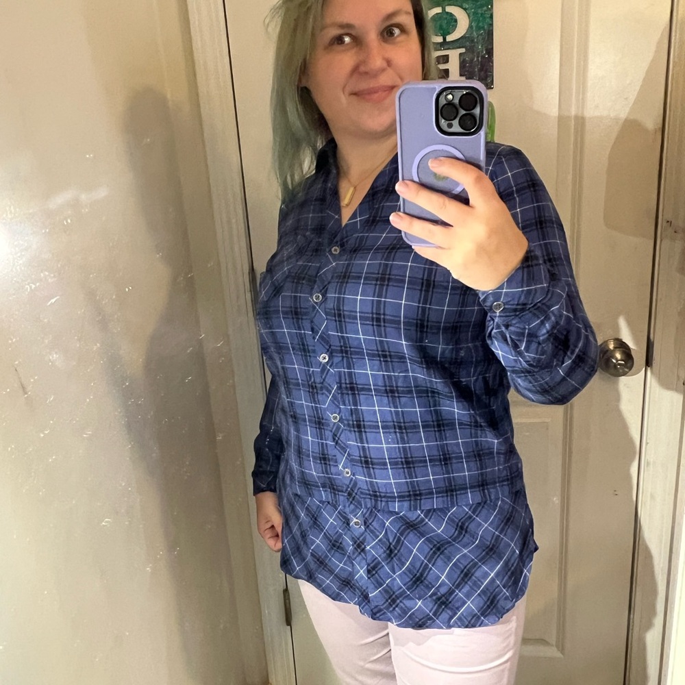 J JILL PLAID TUNIC BUTTON DOWN SHIRT TOP S TOO CUTE LONG EUC